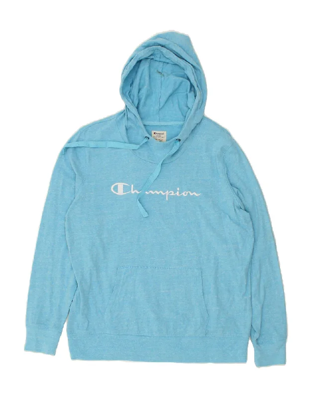 CHAMPION Womens Graphic Hoodie Jumper UK 16 Large Blue Flecked Cotton Zip-up sweaters