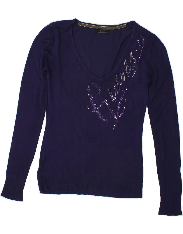 GUESS Womens Graphic V-Neck Jumper Sweater UK 12 Medium Navy Blue Viscose Best sweaters for fall