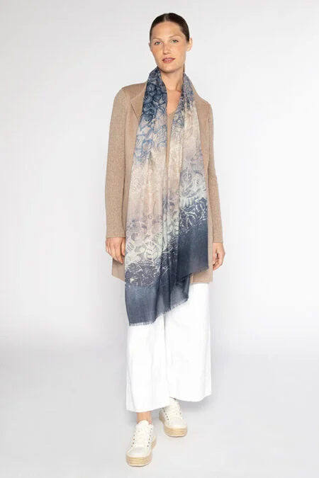 Kinross Cashmere Ombre Reef Print Scarf - Navy Soft-touch sweaters