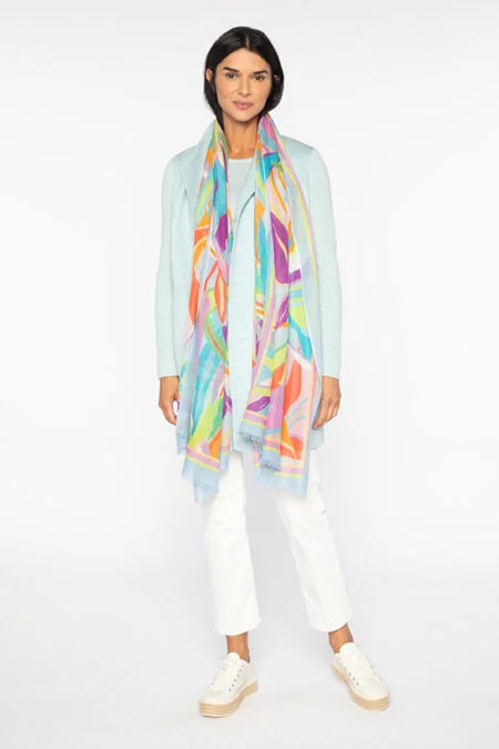 Kinross Cashmere Palm Print Scarf - Freesia Stretchable sweaters