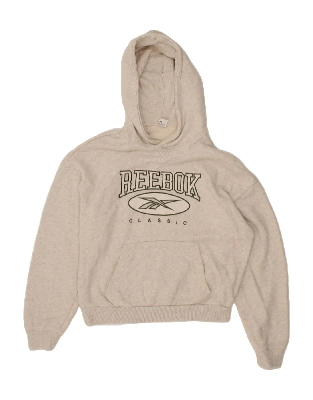 REEBOK Womens Graphic Crop Hoodie Jumper UK 6 XS Grey Flecked Cotton Holiday sweaters