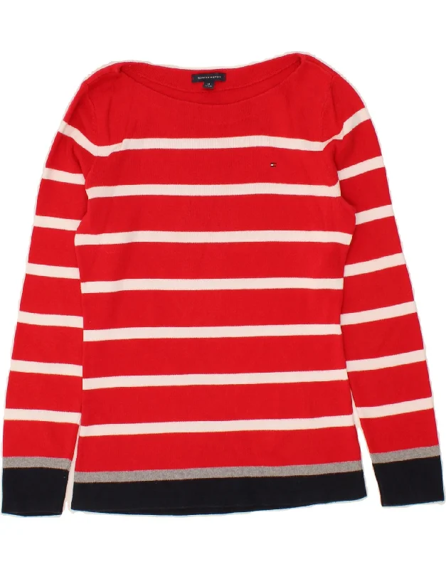 TOMMY HILFIGER Womens Boat Neck Jumper Sweater UK 14 Medium Red Striped Edgy sweaters