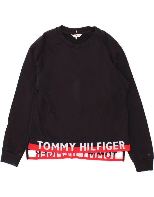 TOMMY HILFIGER Womens Graphic Sweatshirt Jumper UK 14 Medium Navy Blue Best sweaters for cold weather