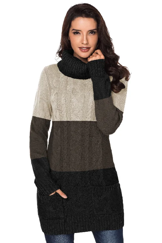 Colorblock Cowl Neck Cable Knit Sweater Mini  Dress Wrap mini dresses