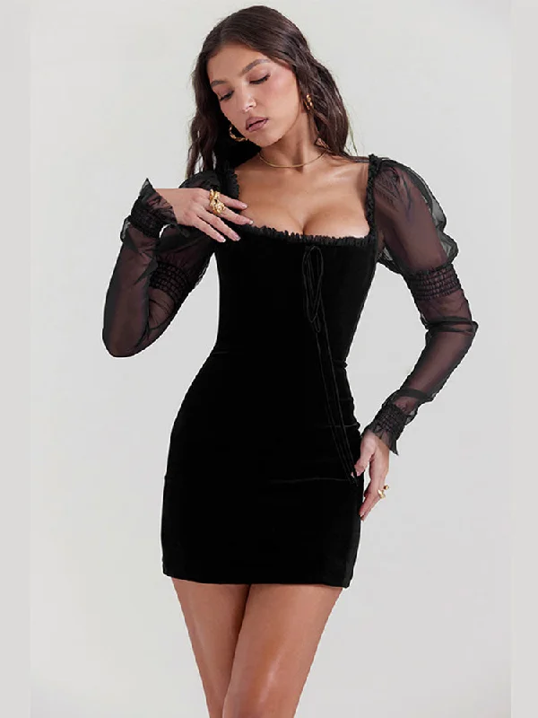 Gothic Wooden Ear Edge Wrap Hip Mesh Long Sleeve Square Neck Ruched Bodycon Mini Dress New Year's Eve mini dresses