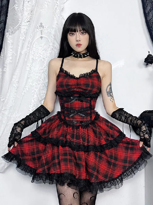 Plaid Mall Goth Grunge Punk Black Emo Party Lace Up Backless Mini Dress A-Line Dress Expensive mini dresses