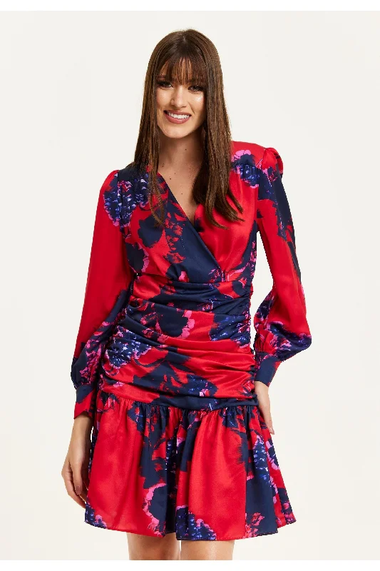 Liquorish Floral Print Red Mini Dress With Long Sleeves Sleeveless mini dresses