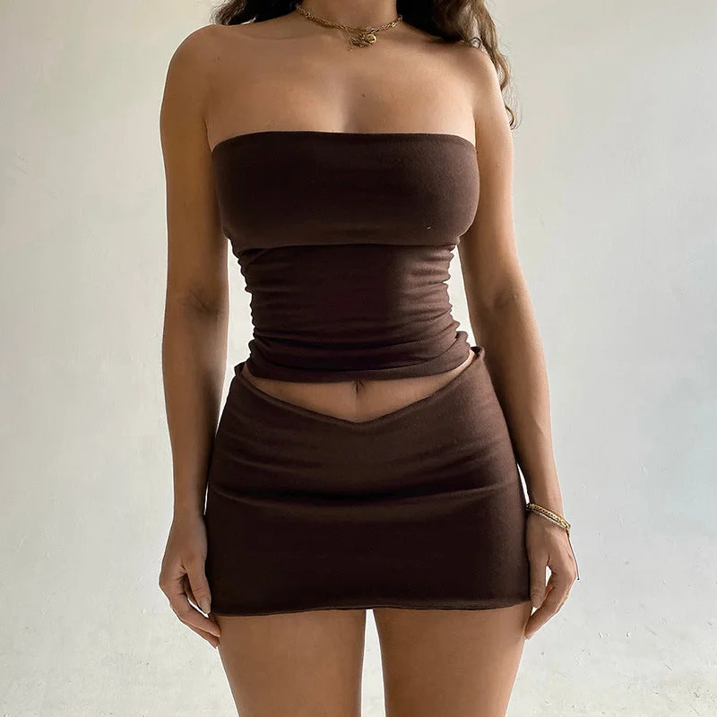 Mini Dress | Strapless Tube Top Two Pcs Set Brown Best value mini dresses