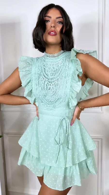 Myka Light Green Crochet & Frill Detail Playsuit Summer mini dresses