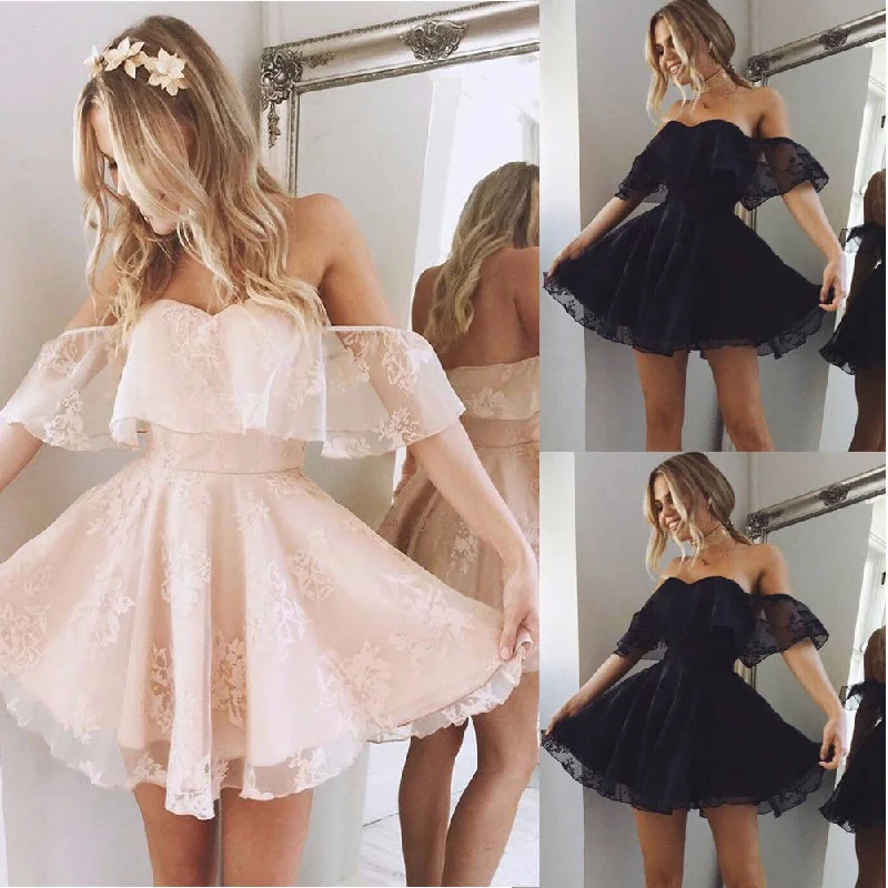 New Women Formal Lace Dress Summer Prom Off Shoulder Party Wedding Gown Short Sleeve Short Mini Dresses Solid Black Pink Strapless mini dresses