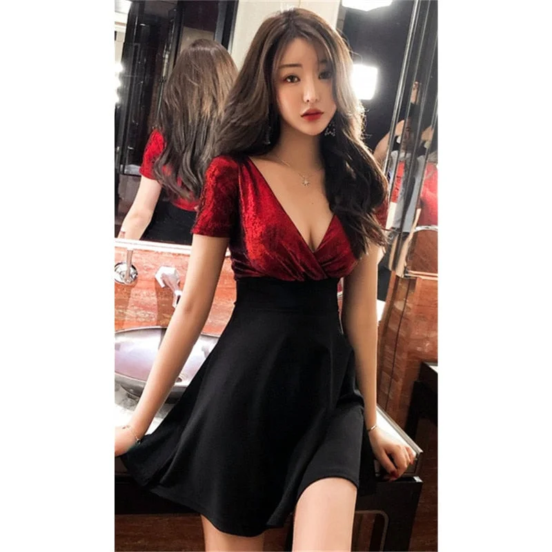 Real shot 2020 summer fashion nightclub women's low-cut deep V-neck A-line dress ladies sexy strapless short dress Wedding guest mini dresses