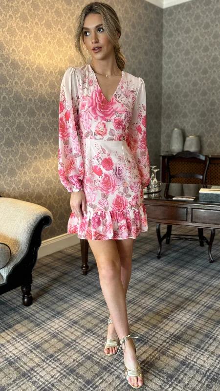 Triona Pink Floral V Neck Mini Dress Silk mini dresses