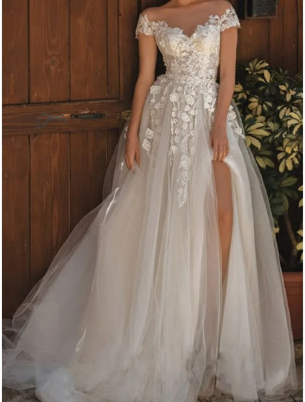 A-Line/Princess Off-the-Shoulder Floor-length Lace Wedding Dress Ball Gown Wedding