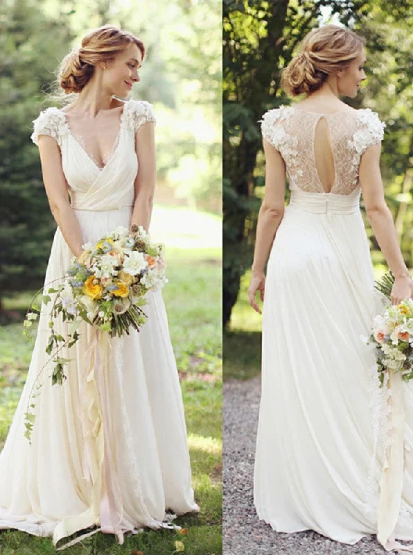 A-Line V-Neck Ivory Chiffon Beach Wedding Dress with Appliques OW636 Princess Bridal Dress