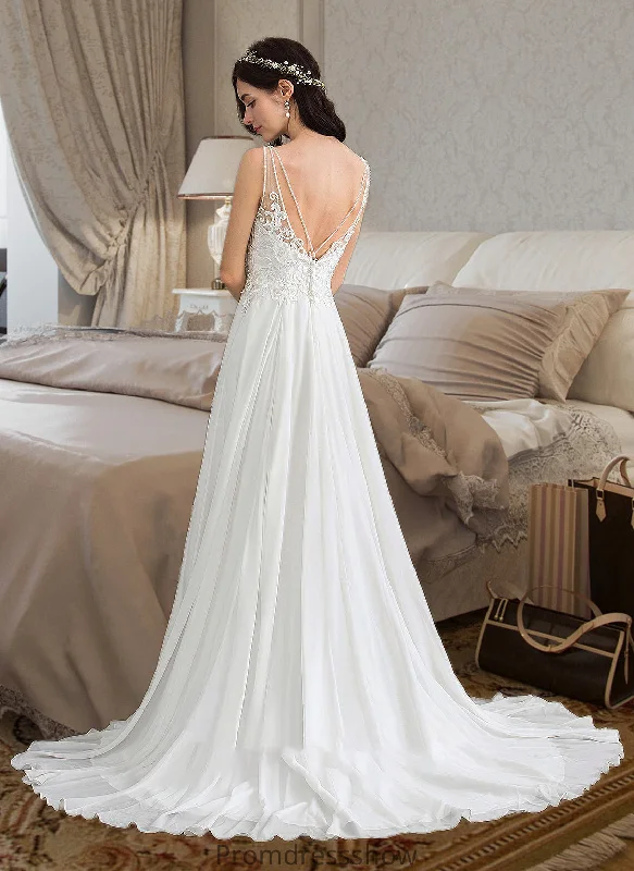 Amari A-Line V-neck Sweep Train Chiffon Wedding Dress With Beading Sequins Split Front STKP0013806 Beaded Bridal Gown