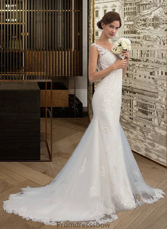 Bridget Trumpet/Mermaid V-neck Court Train Tulle Wedding Dress STKP0013758 Lace Wedding Gown