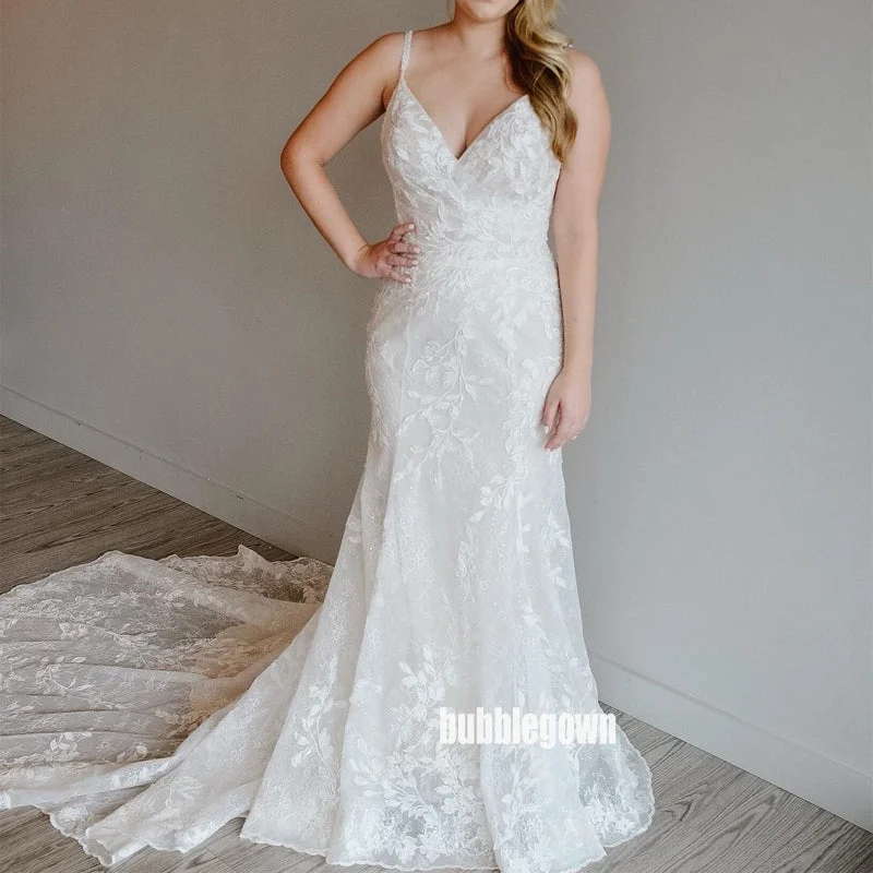 Charming Spaghetti Strap Applique Lace Wedding Dresses, BGH081 Illusion Lace Gown