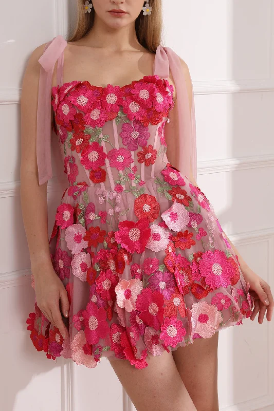 Corset Floral Embroidery Fuchsia/Pink Dress with Tie Straps Strapless Lace Dress