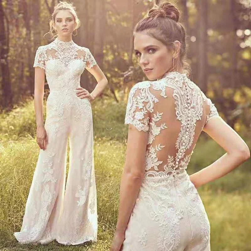 Jumpsuit Wedding Dresses For Women Lace Applique Short Sleeve Floral Bridal Gown