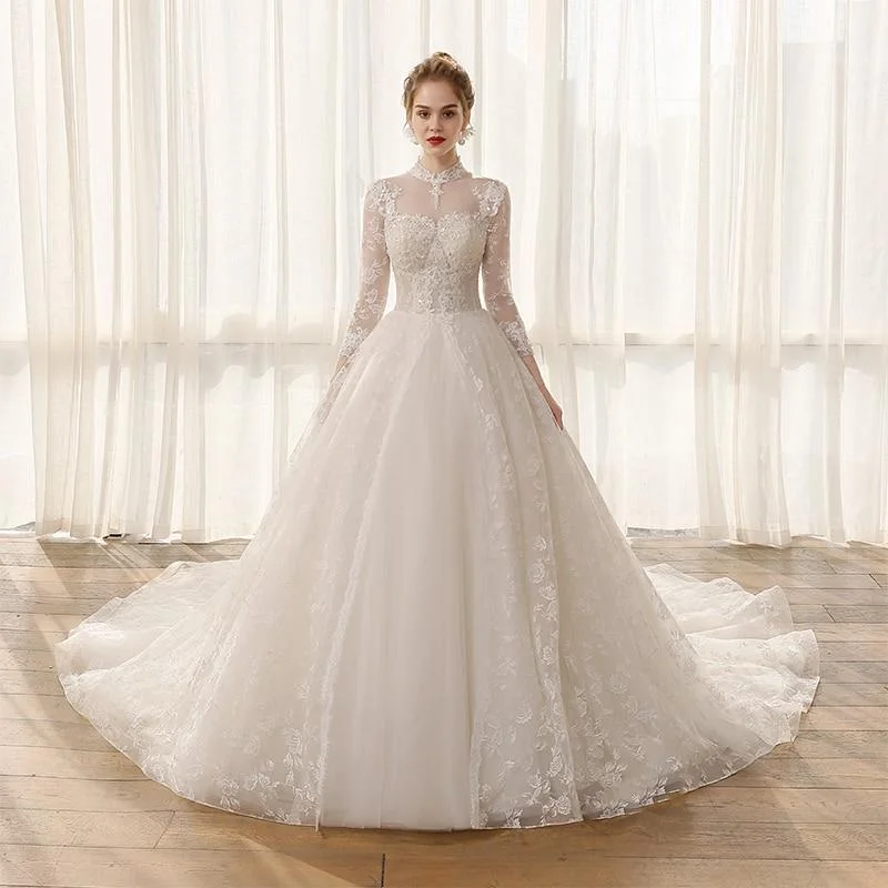 Elegant Lace Appliques High Neck Long Sleeve Bridal Wedding Gowns Formal Wedding Dress