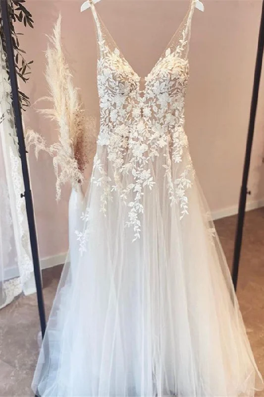 Elegant Long A-line V-neck Tulle Appliques Lace Open Back Wedding Dress Soft Lace Gown