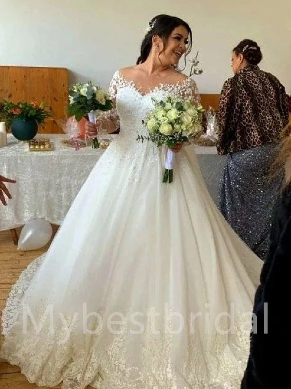 Elegant V-neck Long sleeves A-line Lace applique Wedding Dresses,WDY0314 Crystal Wedding Dress