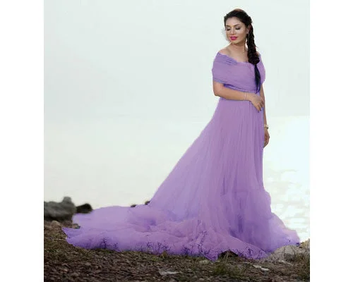 G77(7),  Lavender Frilled Prewedding  Shoot  Trail Gown, Size (All) Satin Lace Gown