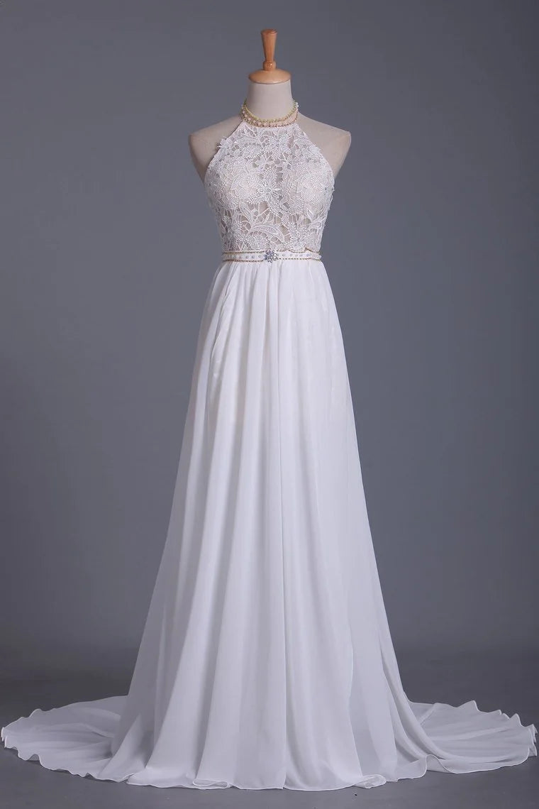 Halter Backless Chiffon Long Wedding Gown With Ruffles Pearl Lace Wedding Gown Set