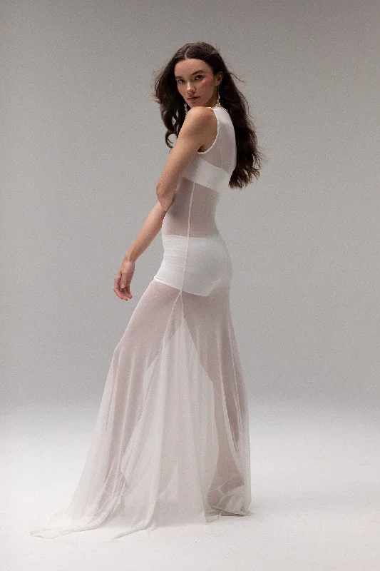 High Neck Mesh Dress Satin Wedding Dress