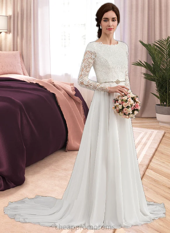 Lacey A-Line Scoop Neck Court Train Chiffon Wedding Dress With Beading STIP0013800 Wedding Gown Set