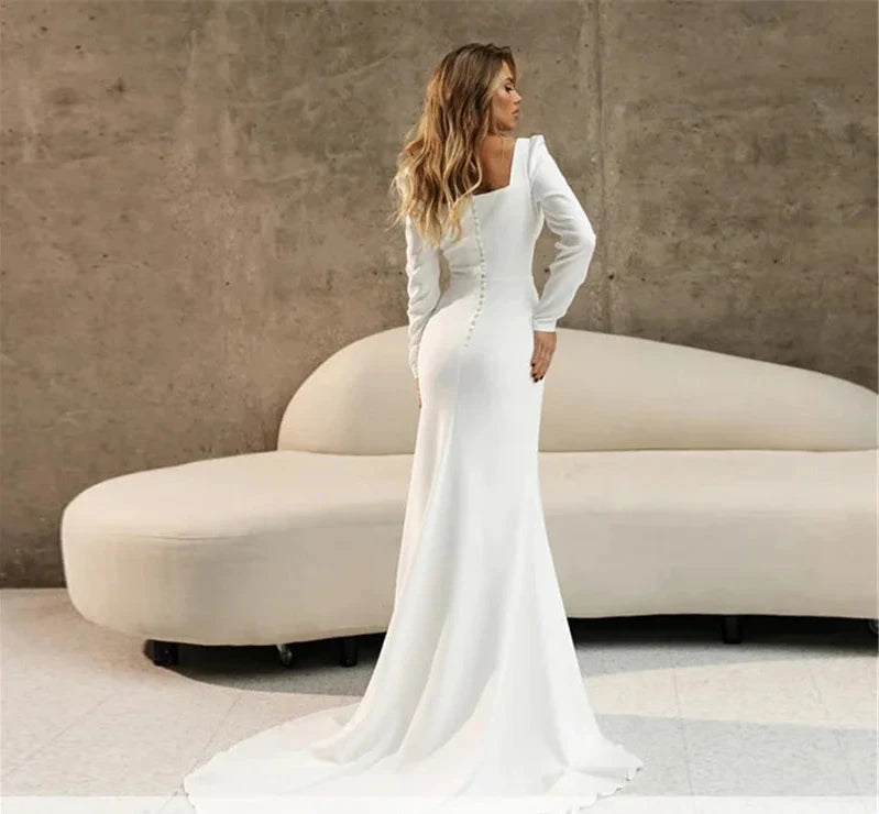 Long Sleeve Crepe Chiffon Mermaid Wedding Bridal Dress for Women Romantic Satin Dress