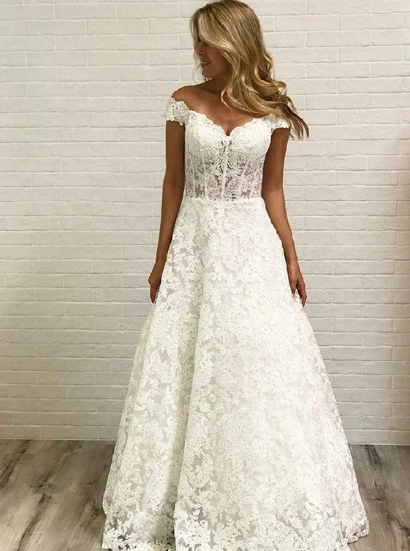 Off Shoulder Sleeveless Lace Wedding Dresses, A-line Lace Bridal Gown OW633 Beautiful Bridal Gown