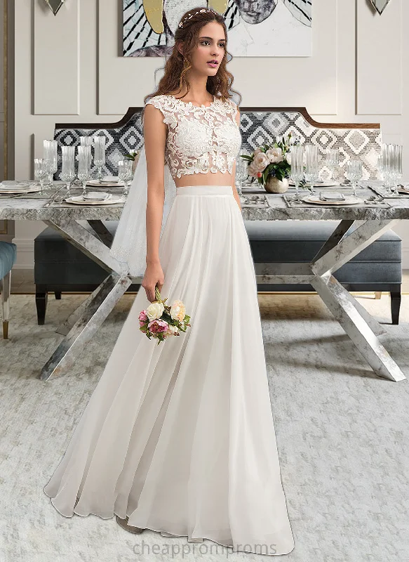 Priscilla A-Line Scoop Neck Floor-Length Chiffon Wedding Dress With Beading Sequins STIP0013799 Off-shoulder Bridal Dress