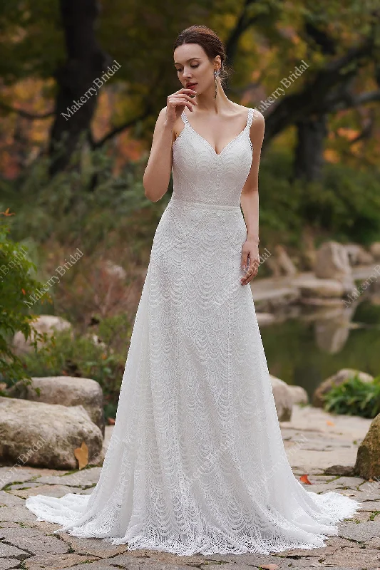 Ripple Patterned Boho Sheath Wedding Dress Ruffle Wedding Gown