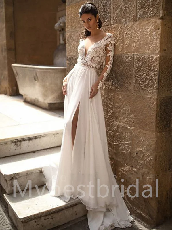 Sexy V-neck Long sleeves Side slit A-line Lace applique Wedding Dresses,WDY0315 Elegant Lace Gown