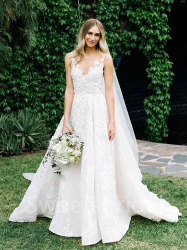 Sexy V-neck Spaghetti straps A-line Lace applique Wedding Dresses,DB0308 Boho Wedding Gown