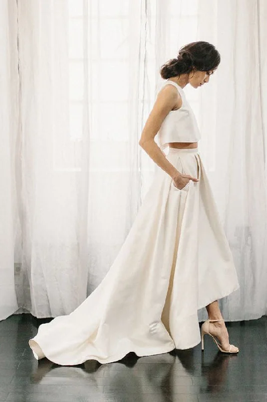 Simple Two Piece Ivory Satin A Line Long Beach Wedding Dresses Soft Wedding Gown