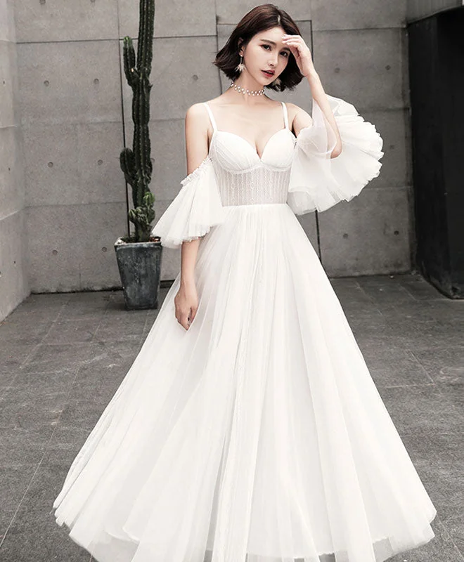 Unique Tulle Long Prom Dress, White Evening Dress Glamorous Wedding Dress