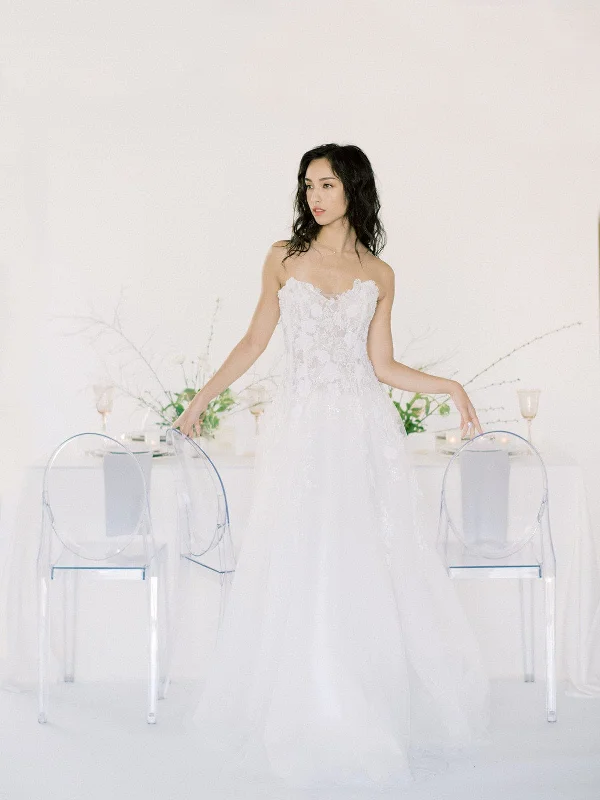 Silk Tulle With Beaded Lace - Drop Waist A-Line Wedding Dress Strapless, White Empire Waist Gown