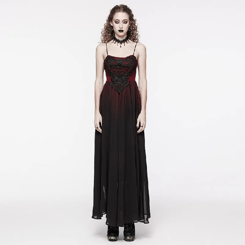 Women's Gothic Floral Embroidered Red Gradient Slip Wedding Dress Glitter Wedding Dress