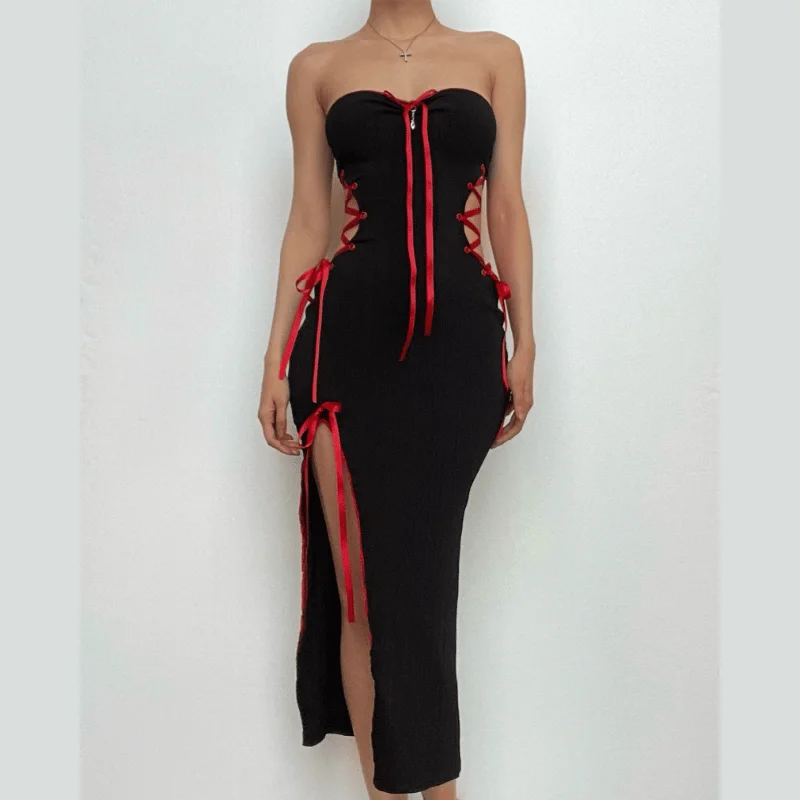 Bowknot ruched ribbon lace up slit ribbed tube midi dress- Final Sale Knitted midi dresses