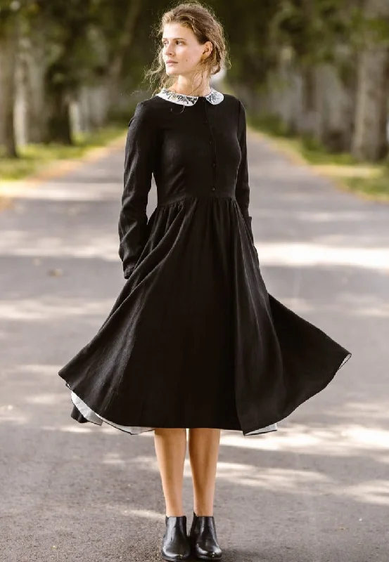 Classic Dress with Embroidered Meadow Collar, Long Sleeve Stretchy midi dresses