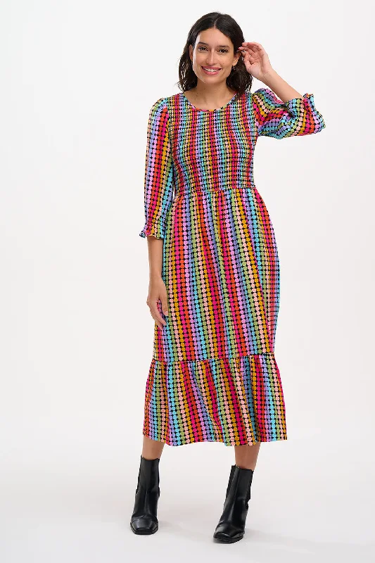 Quill Shirred Midi Dress - Black, Rainbow Circles Discounted midi dresses