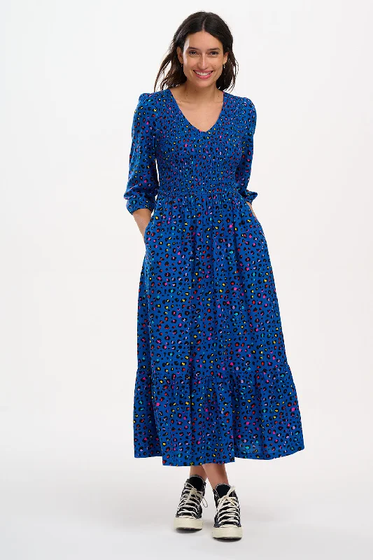 Magdalene Midi Shirred Dress - Light Navy, Rainbow Leopard Best value midi dresses