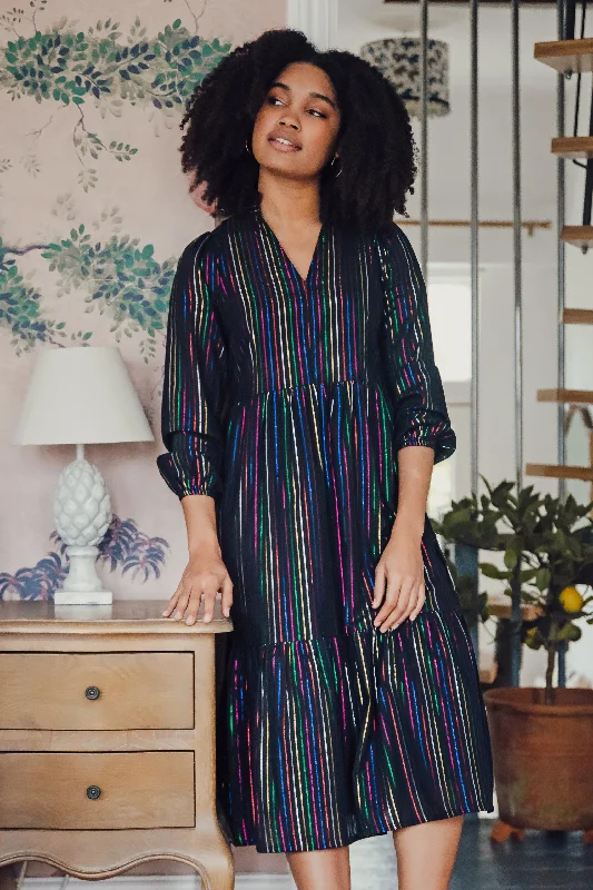 Esmeralda Midi Smock Dress - Black, Metallic Rainbow Stripe ASOS midi dresses