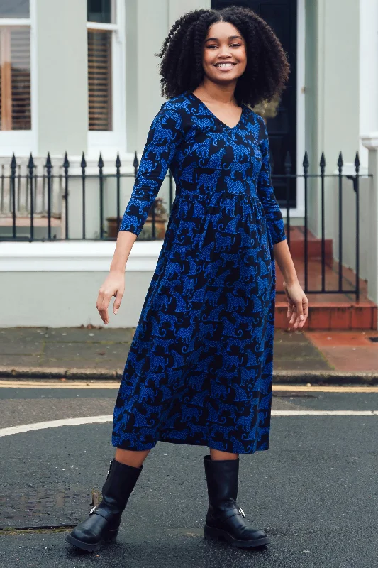 Evelyn Midi Jersey Dress - Black/Blue, Leopard Spots Cheap midi dresses