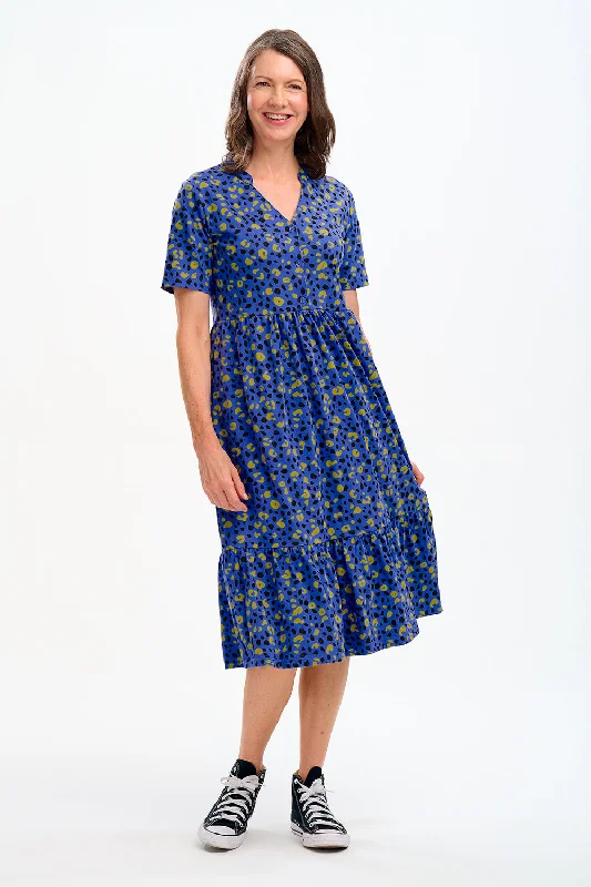 Heather Jersey Midi Smock Dress - Blue, Painted Leopard Fashion-forward midi dresses