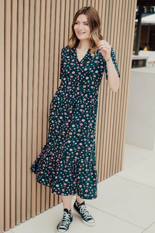 Heather Jersey Midi Smock Dress - Dark Green, Forest Floral Versatile midi dresses for all occasions