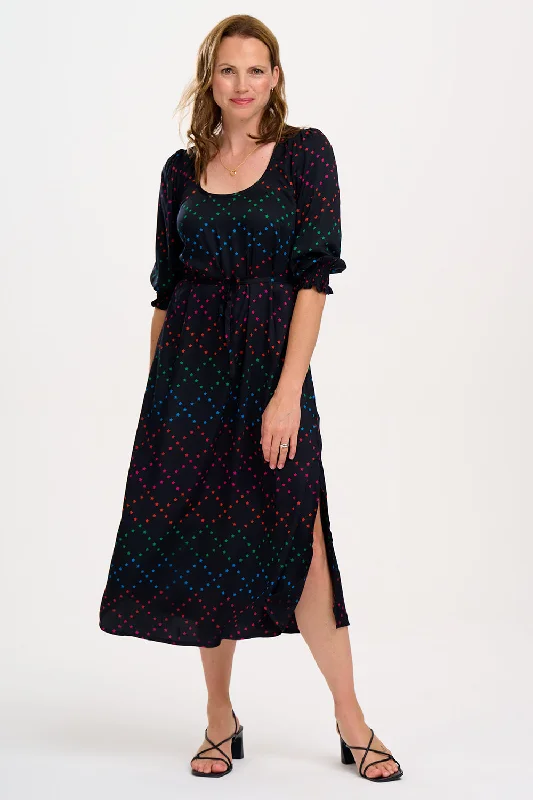 Linda Midi Dress - Black, Rainbow Star Lattice Ruffled midi dresses