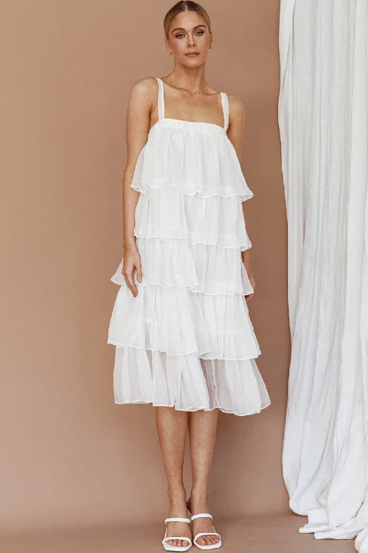 Merry Layered Frill Midi Dress White Boho midi dresses